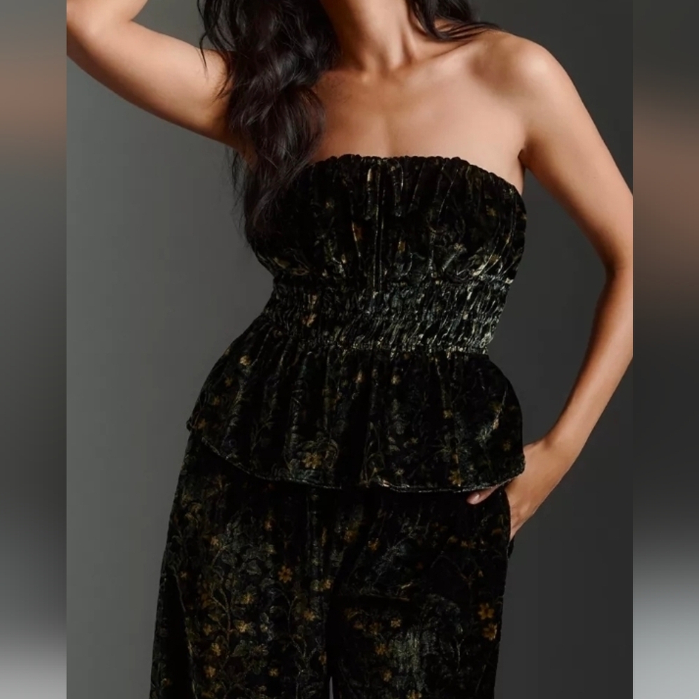 Anthropologie Somerset Green Floral Velvet Strapless Top - Picture 3 of 7